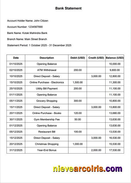 India Kotak Mahindra Bank statement Word and PDF